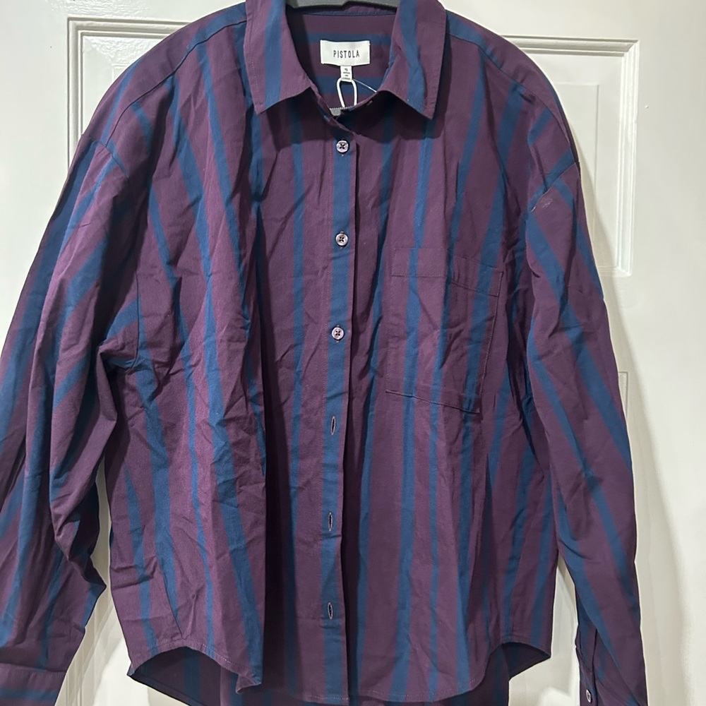 Pistola Striped Button-Up Shirt Jacket in Purple & Blue